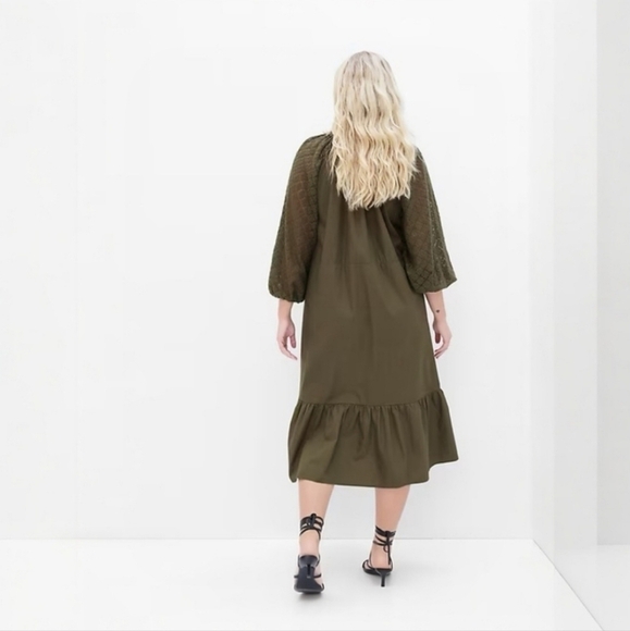 Gap Lace Sleeve Army Jacket Green Ruffle Cotton Midi Dress - Picture 3 of 15